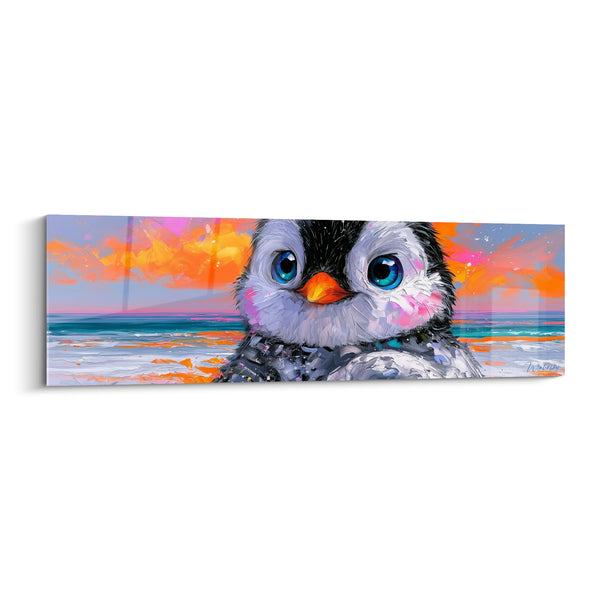 Tableau Pingouin aux yeux bleus et ciel orangé - Regard sous le crépuscule - Edition Pingouin