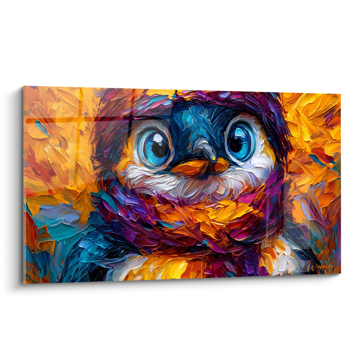 Pingouin aux yeux bleus intenses et écharpe pourpre, peint en larges empâtements dorés et orangés