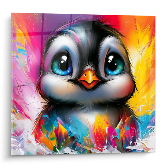 Bébé pingouin aux yeux bleu turquoise, plumage anthracite, fond rose et orange éclaboussé