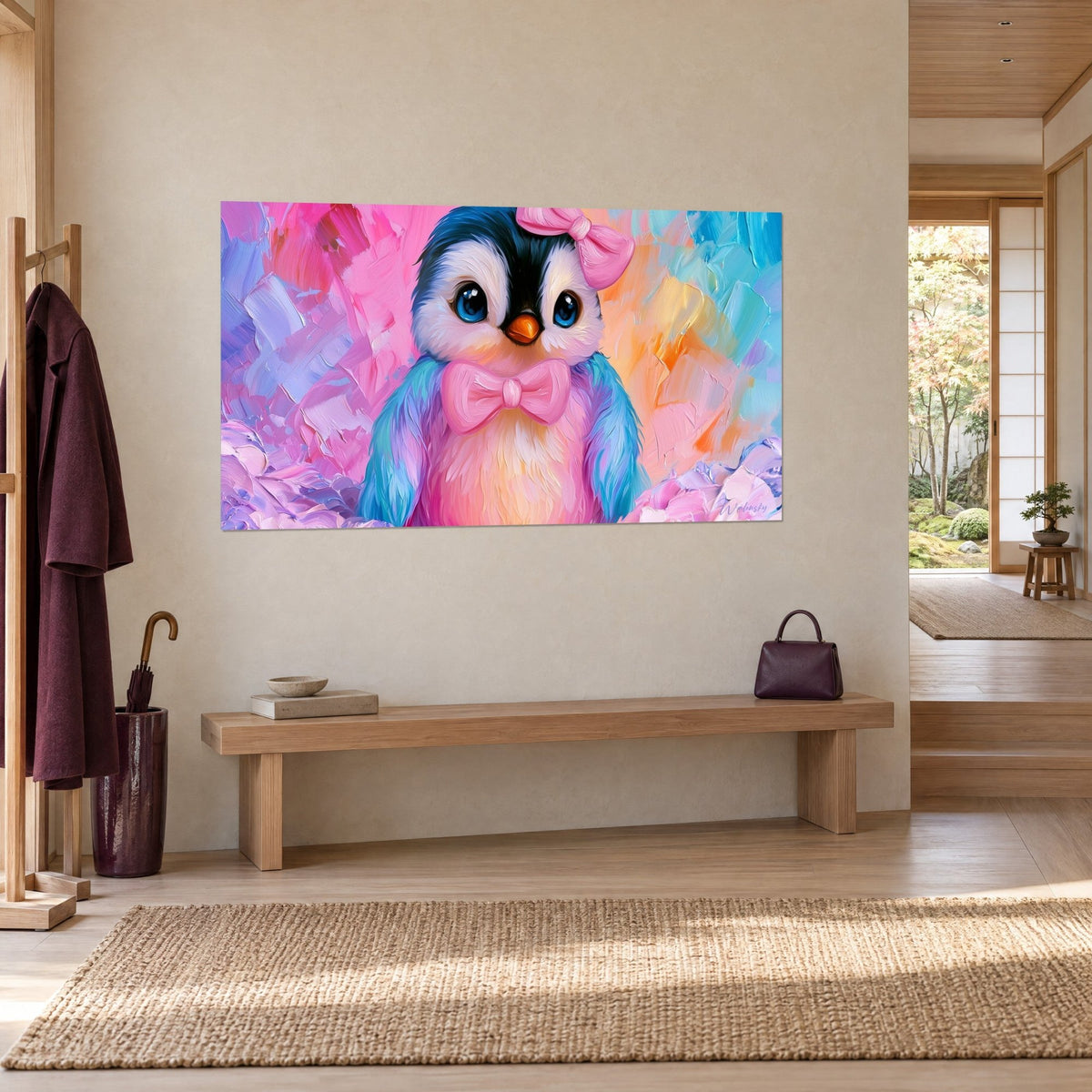 Tableau poussin polaire en peinture épaisse, bec orange et ventre pêche sur fond fuchsia et turquoise, mur beige et banc de bois