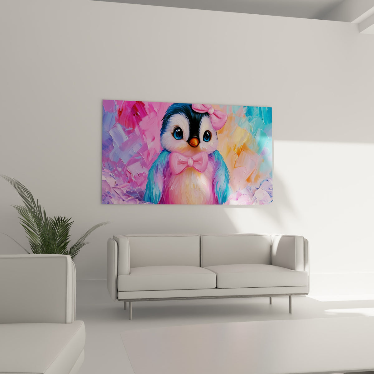 Pingouin aux nœuds roses et fond orangé violet, suspendu au-dessus d'un canapé dans un salon lumineux