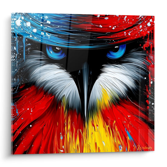 Pingouin stylisé aux yeux bleu électrique, plumes rouges et jaunes, fond noir intense.