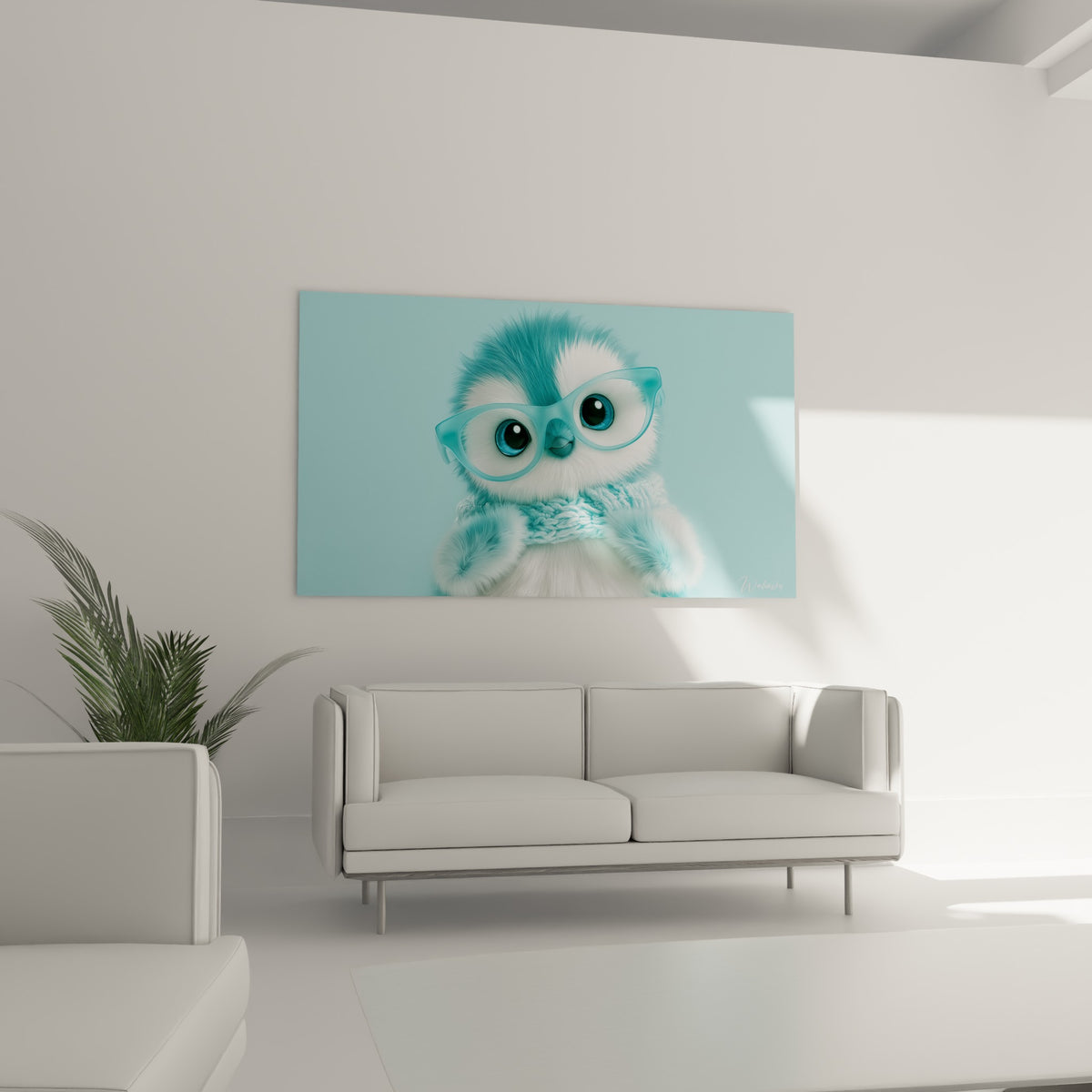 Pingouin blanc et bleu ciel aux yeux profonds, lunettes translucides turquoise, au-dessus d'un canapé dans un salon lumineux