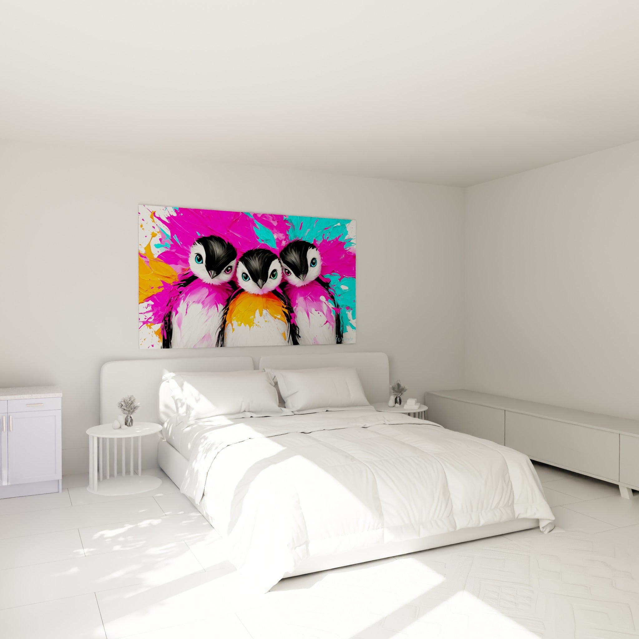 Pingouins au plumage noir et blanc entourés de rose fuchsia et turquoise, accrochés au-dessus d'un lit dans une chambre claire