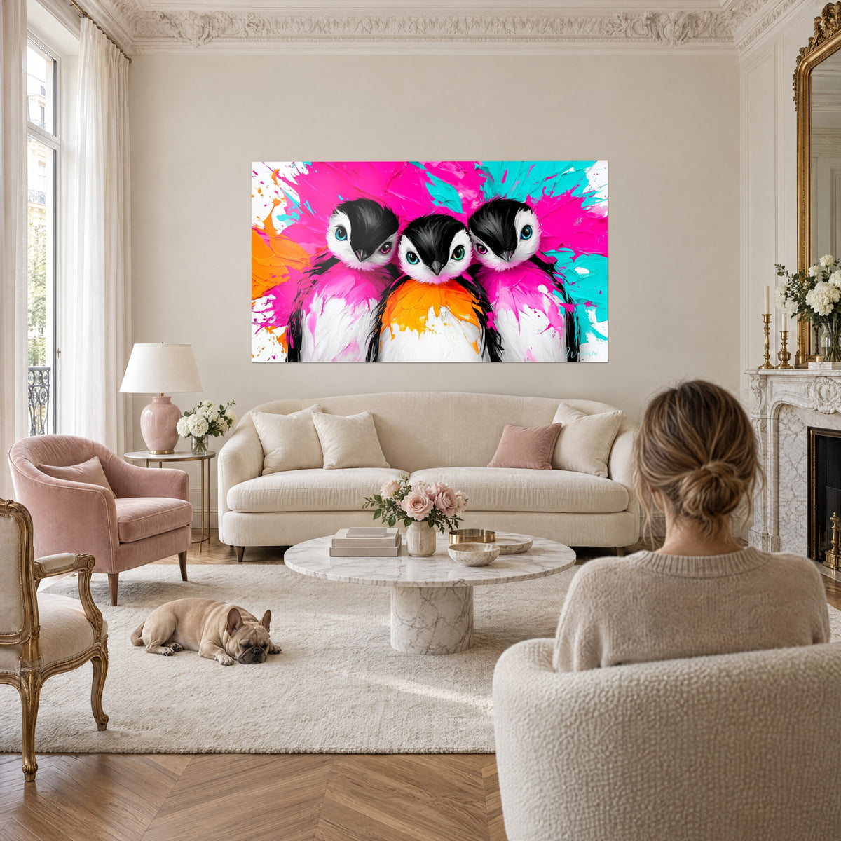Wall art trio of fuchsia penguins with mismatched odd-coloured eyes, orange chest and turquoise splashes, above a sofa in a bright living room