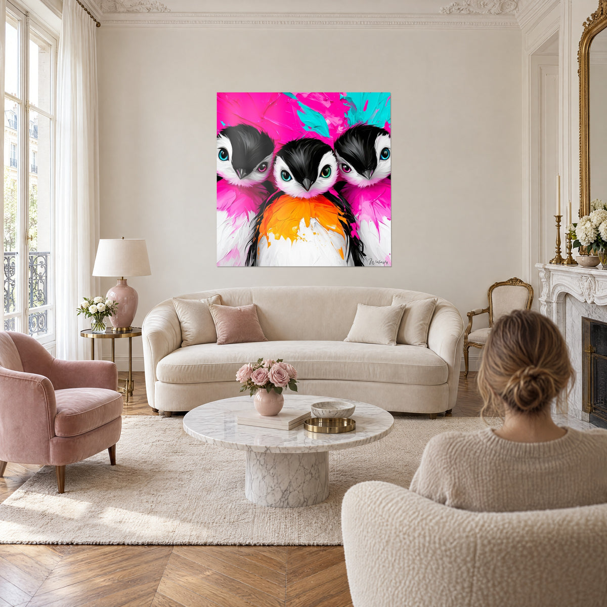Cuadro trío de pingüinos de ojos turquesa, fondo fucsia y pechos naranjas, sobre un sofá en un salón luminoso