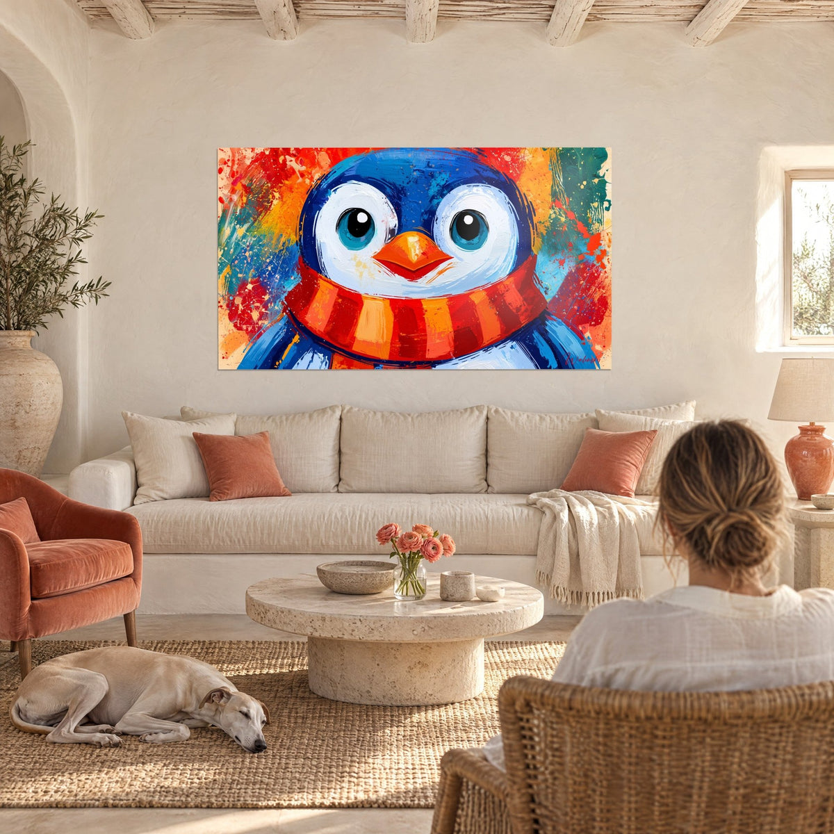 Gemälde Pinguin mit runden türkisfarbenen Augen und orangefarbenem Schnabel, rot gestreifter Schal, über einem Sofa in einem hellen Wohnzimmer