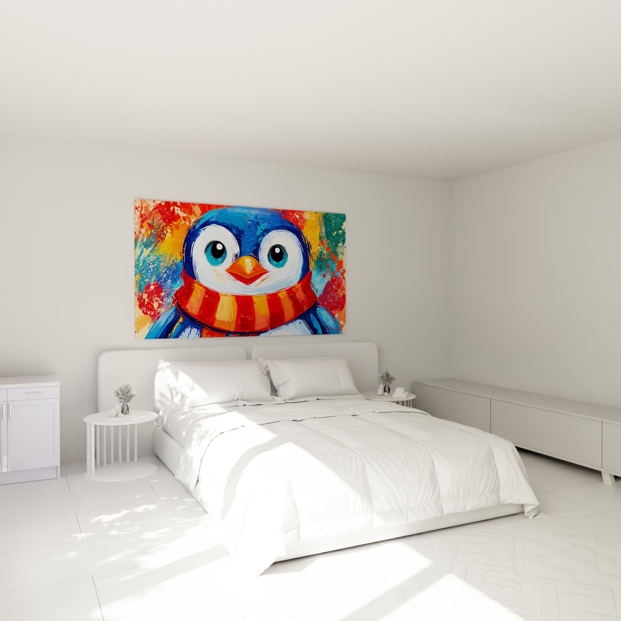 Regard attendrissant du pingouin bleu marine à écharpe orange, au-dessus d'un lit dans une chambre claire