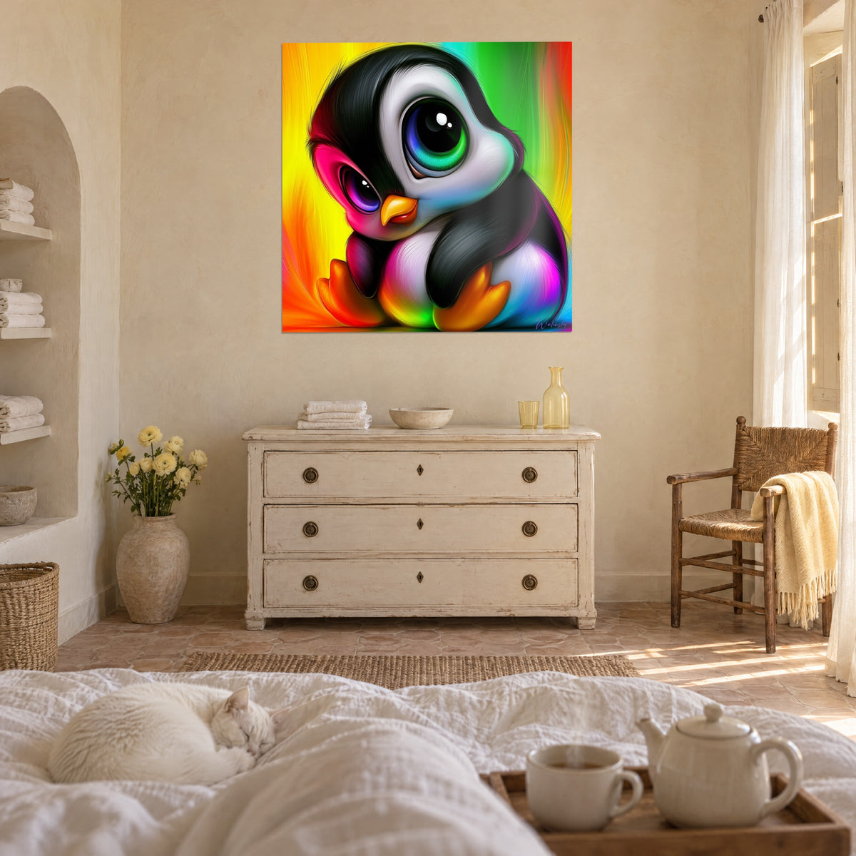 Tableau oisillon polaire au regard attendrissant, plumes noires et reflets magenta, fond orangé, avec un chat blanc, au-dessus d'un lit dans une chambre claire