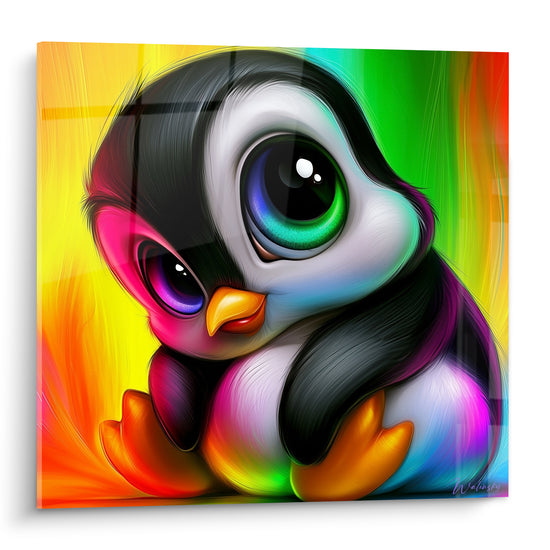 Pingouin aux yeux verts et violets, bec orange, fond arc-en-ciel jaune et rose vif