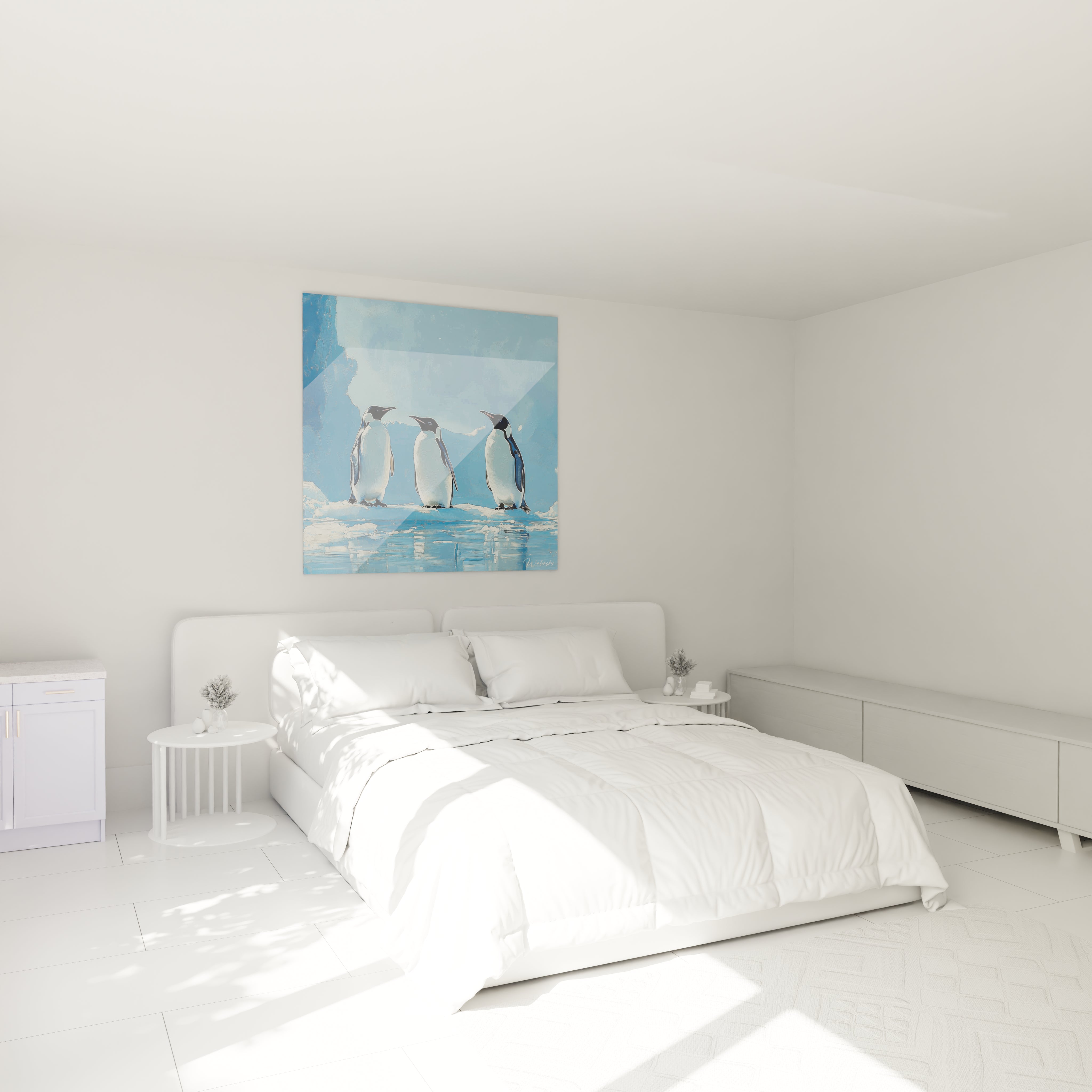 Tableau manchot Walensky représentant trois manchots sur fond bleu accroché dans une chambre moderne blanche