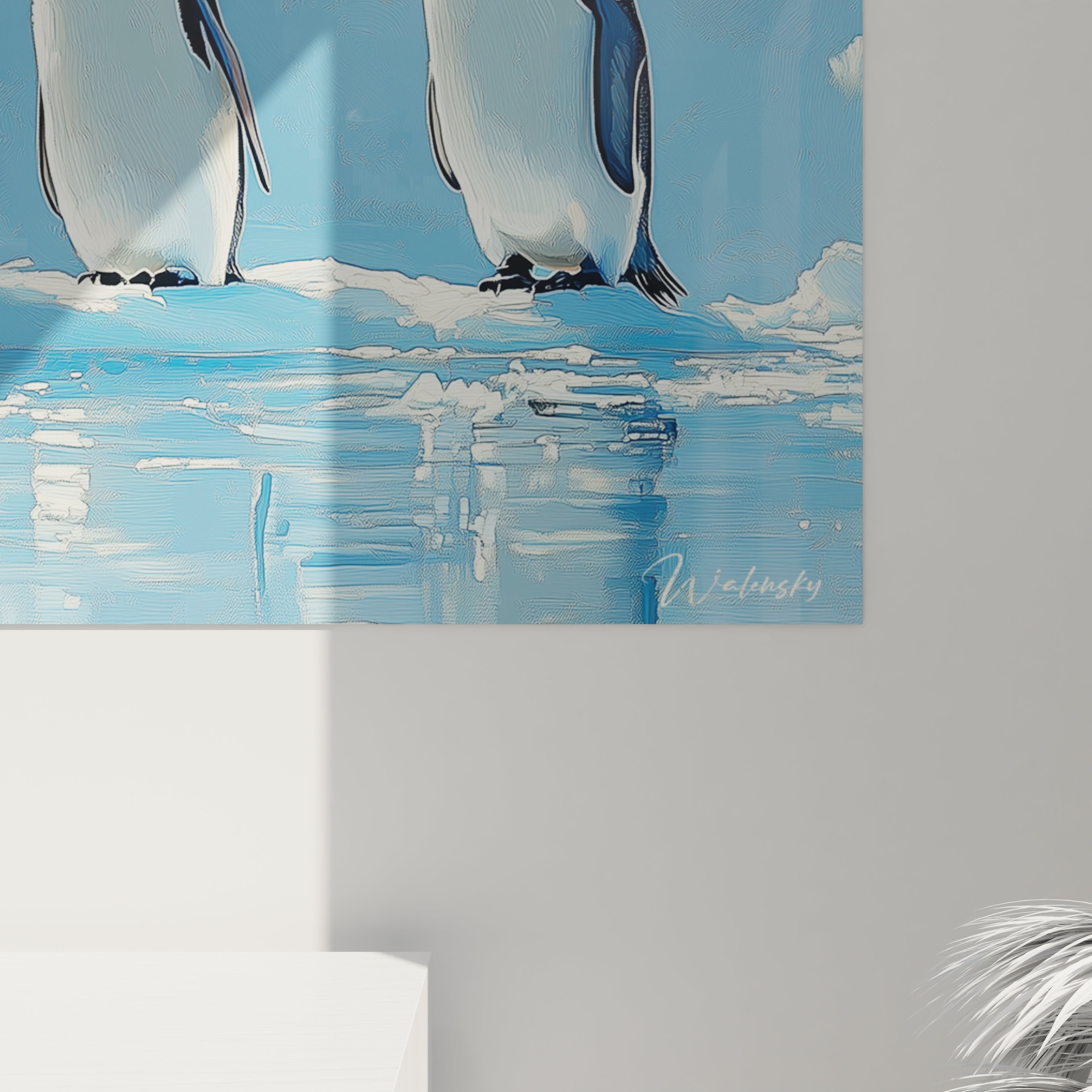 Tableau manchot Walensky représentant des manchots sur glace avec un fond bleu clair