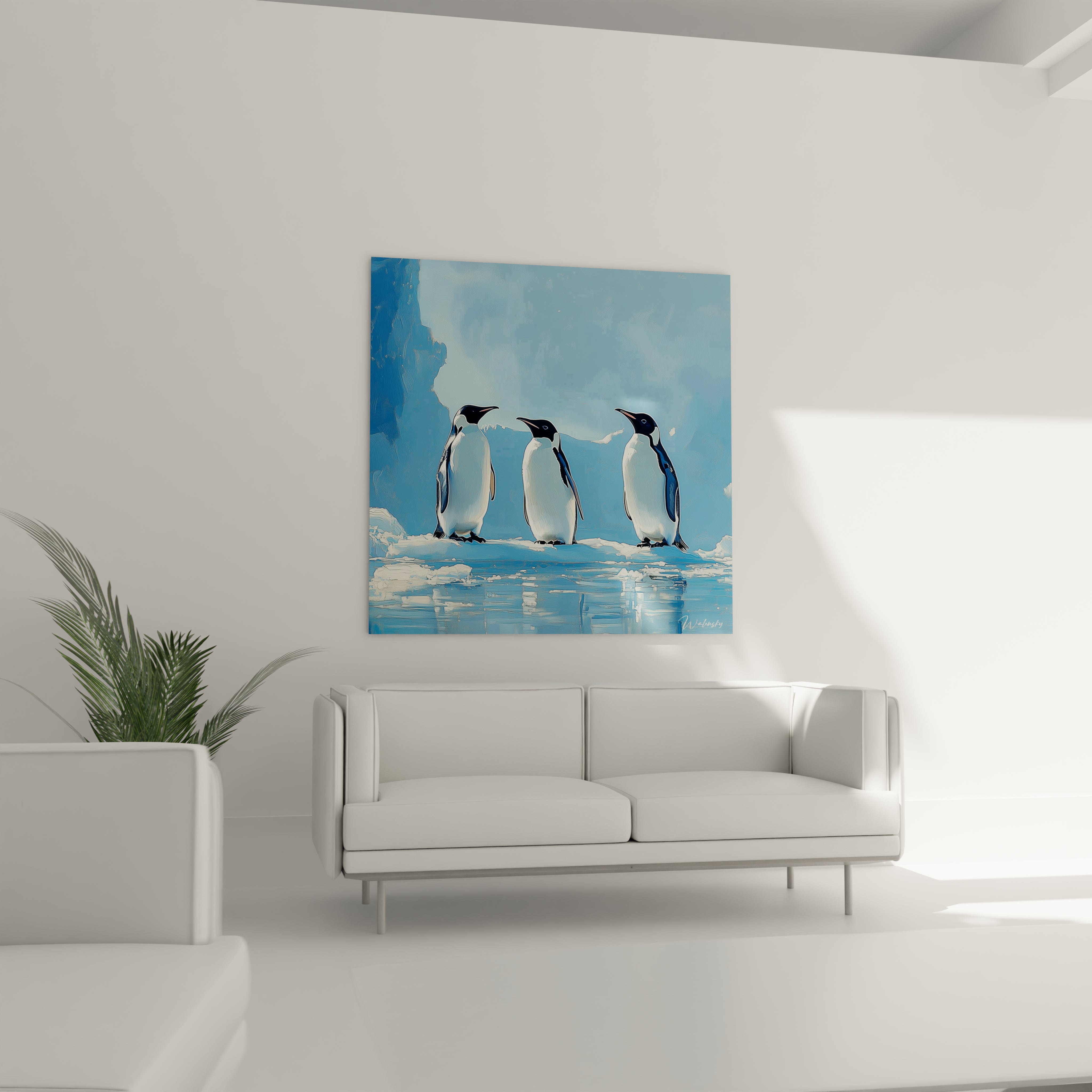Tableau manchot Walensky avec trois manchots sur glace dans un intérieur moderne lumineux