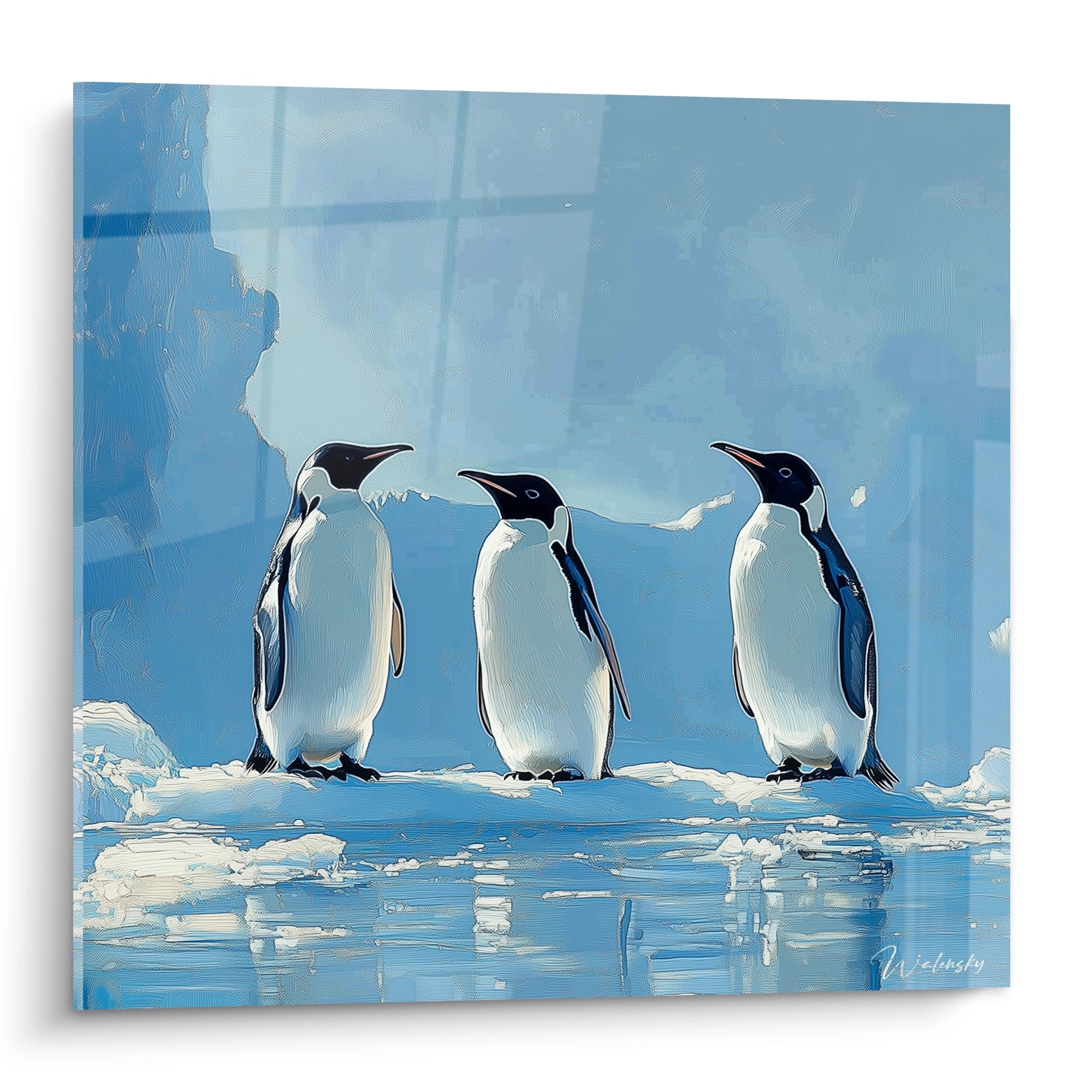 Tableau manchot Walensky représentant trois manchots empereurs sur de la glace en Antarctique