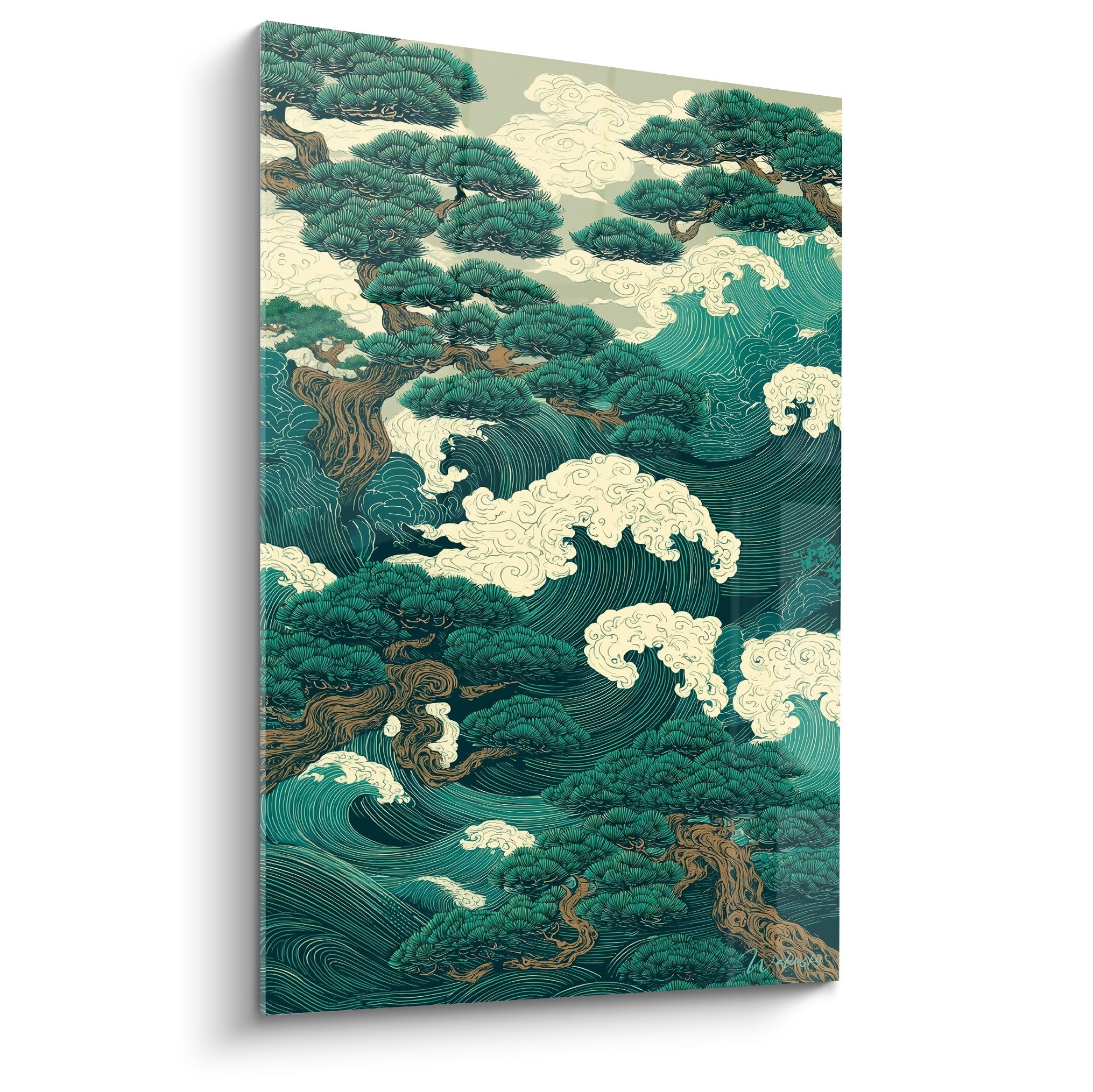 Gemälde säkulare Kiefern Wolken türkis orientalischer Stil Feng Shui Wanddekoration zen Natur