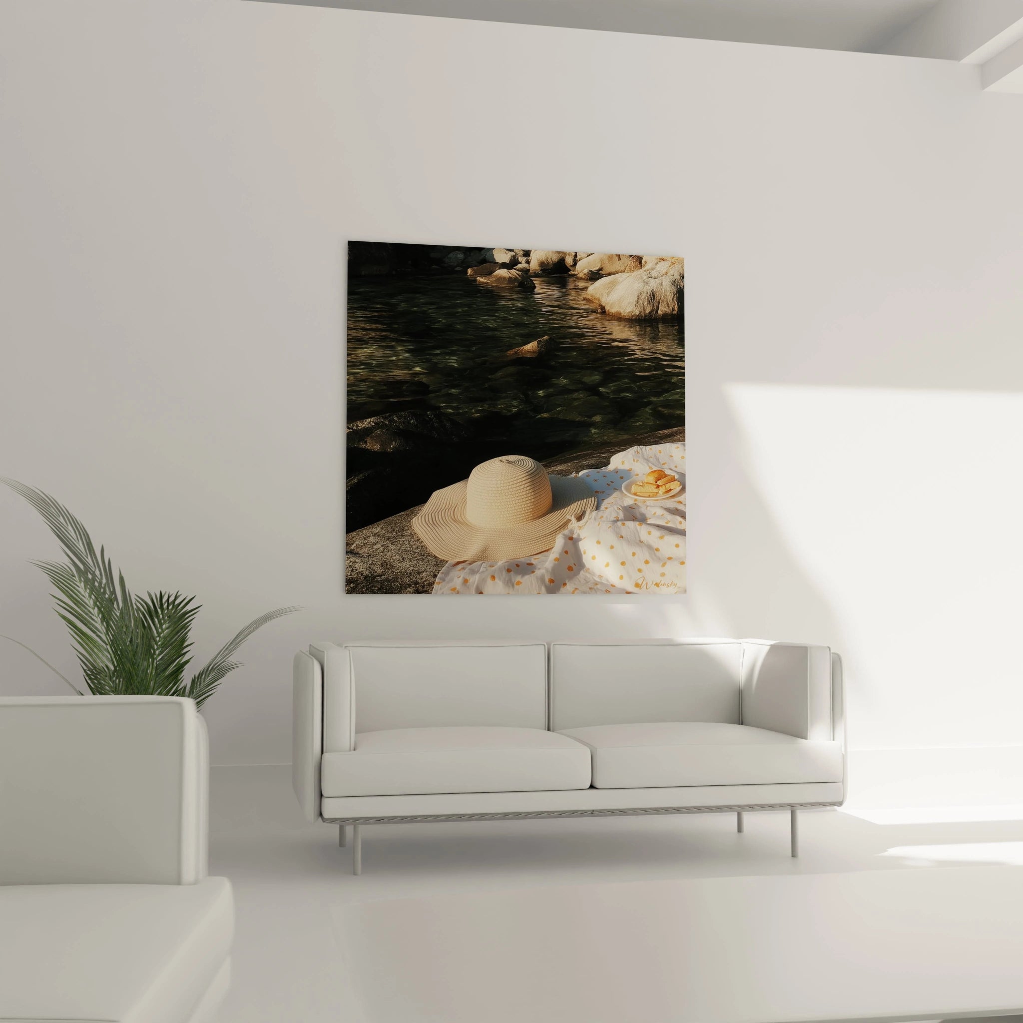 Walensky tableau pique-nique décoration murale carré montrant chapeau de paille nappe à pois collations posées au bord de l eau