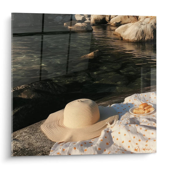 Walensky tableau chapeau de paille et nappe à pois au bord de l'eau tableau pique-nique décoration murale