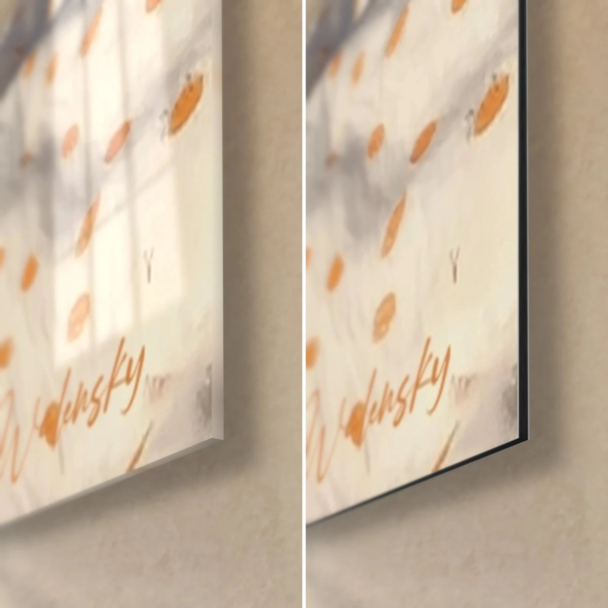 Wall art with straw hat and orange polka-dot blanket, bottom right corner: glossy glass on the left, matte Dibond aluminium on the right, black edge
