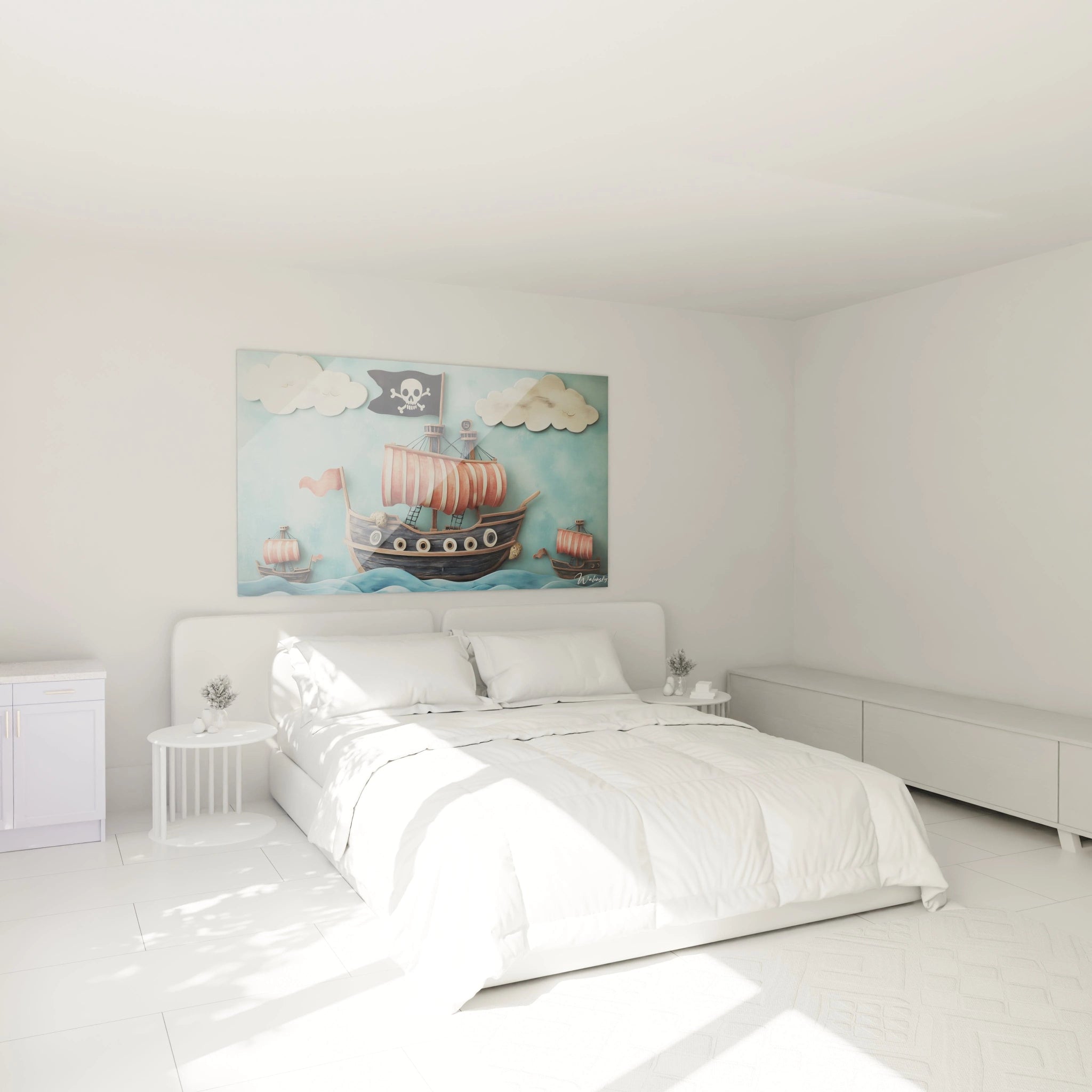 Un tableau pirate pour enfant montrant un bateau en bois marron avec des voiles rayées rouges et blanches, accompagné de petits navires sur une mer en relief, sous un ciel bleu clair texturé.

