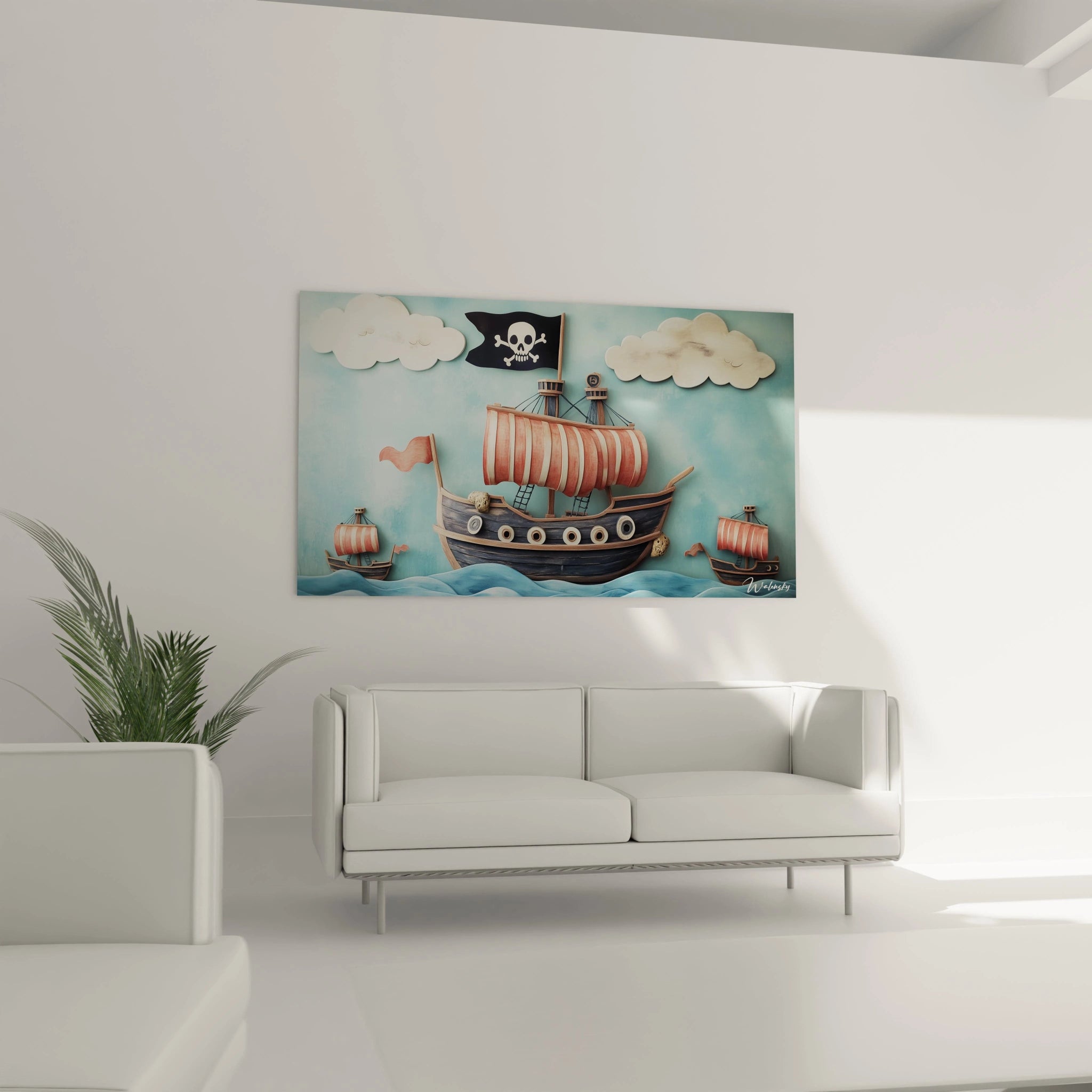 Un tableau pirate pour enfant illustrant un grand voilier noir avec des détails en beige, avançant sur des vagues bleues, encadré par des nuages blancs et un pavillon pirate noir avec une tête de mort blanche.


