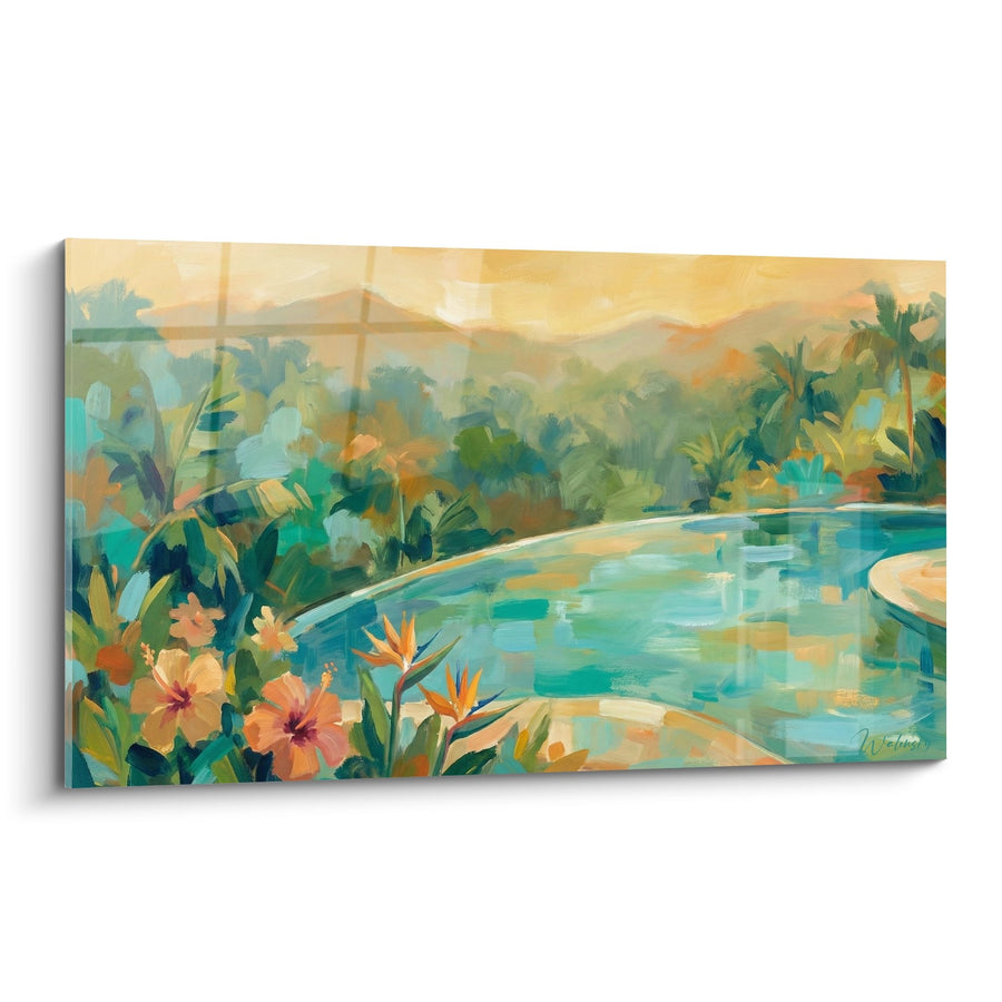 Tableau Piscine Tropicale aux Tons Turquoise et Coucher de Soleil - Paradis Aquatique - Edition Bali