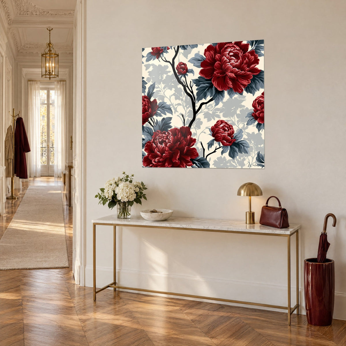 Wall art large burgundy blooms and ebony branch on cream, three-quarter view above a gilded Haussmann console