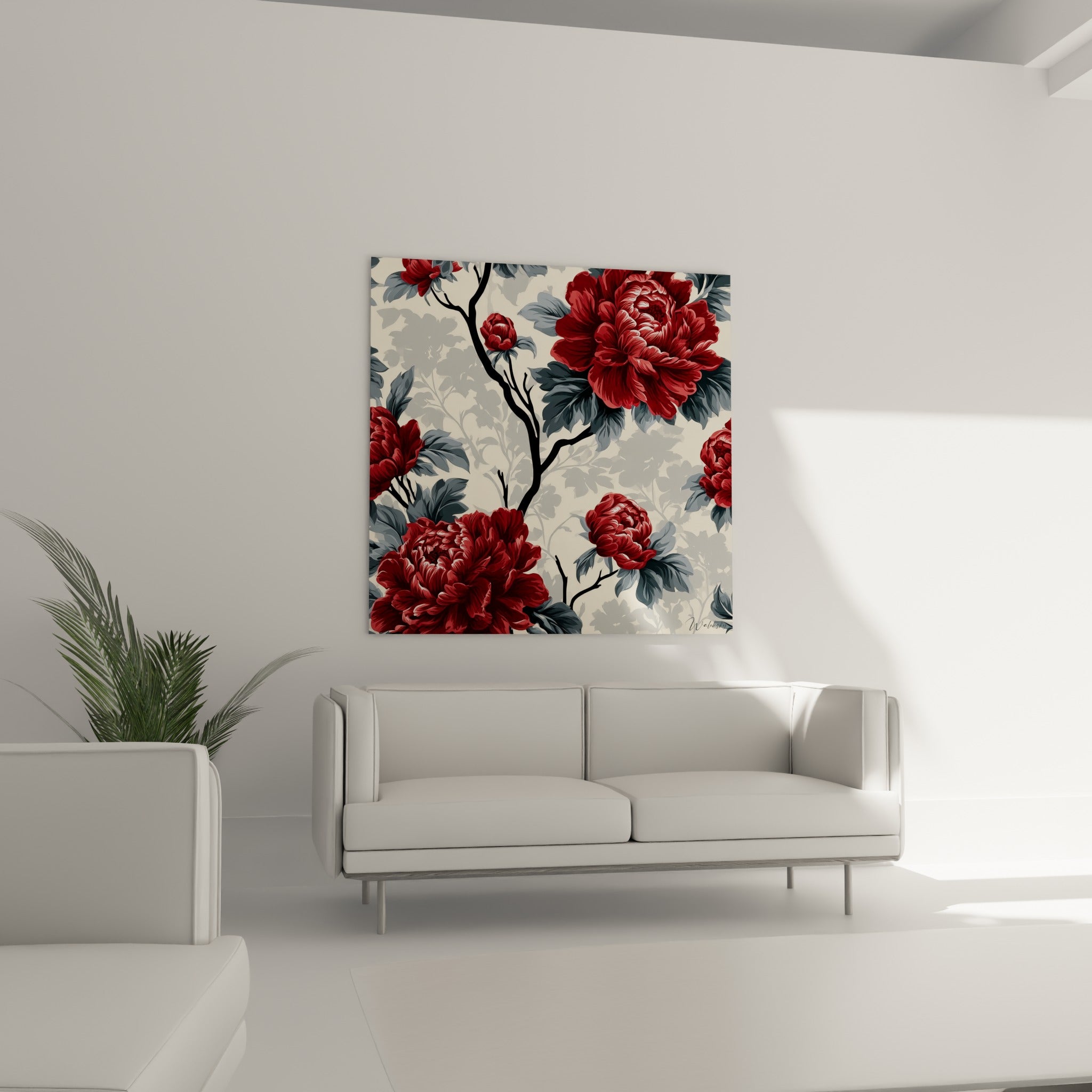 Bouquet de pivoines bordeaux et anthracite disposé au-dessus d'un canapé dans un salon lumineux