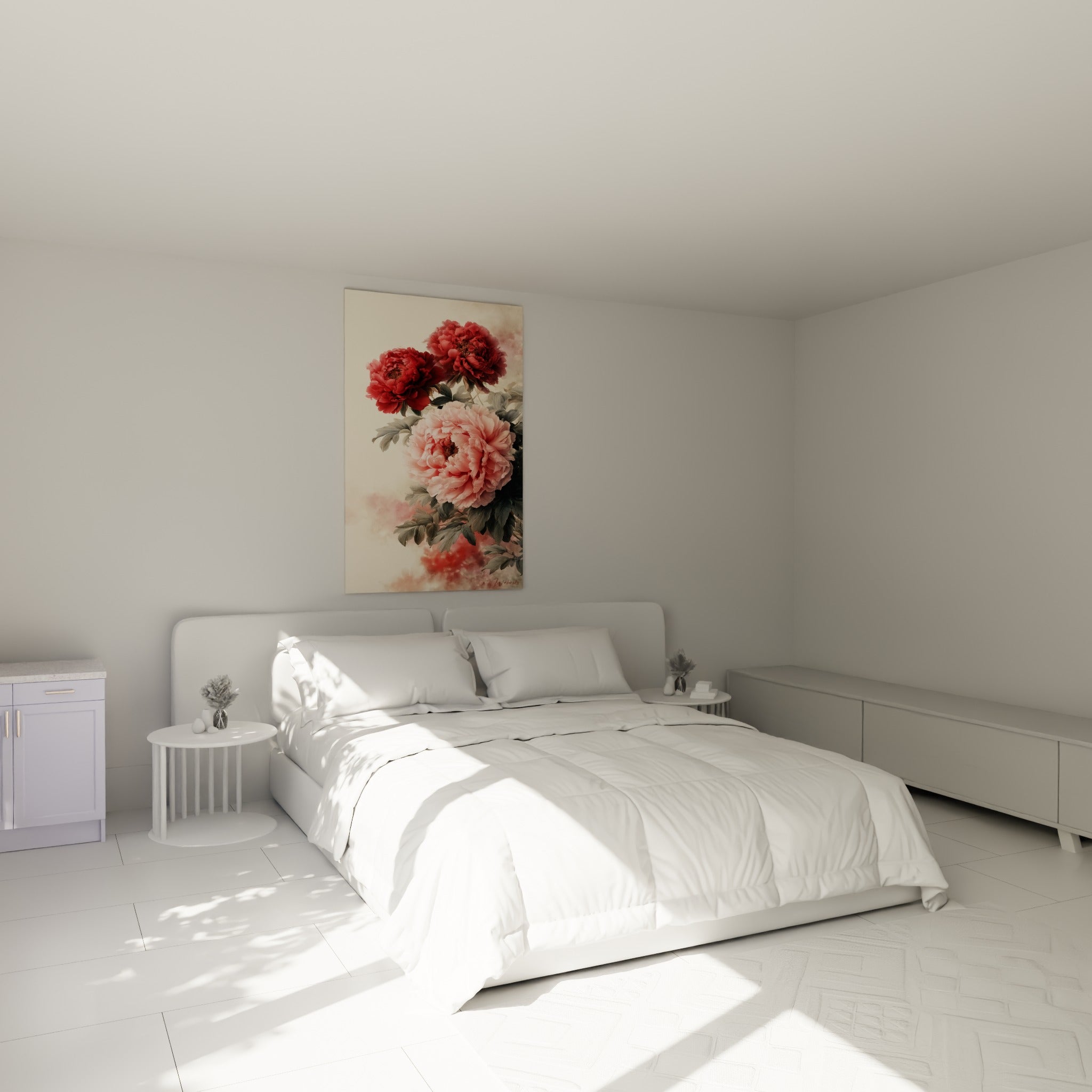 Bouquet de pivoines rouge et rose peint en aquarelle, au-dessus d'un lit dans une chambre claire