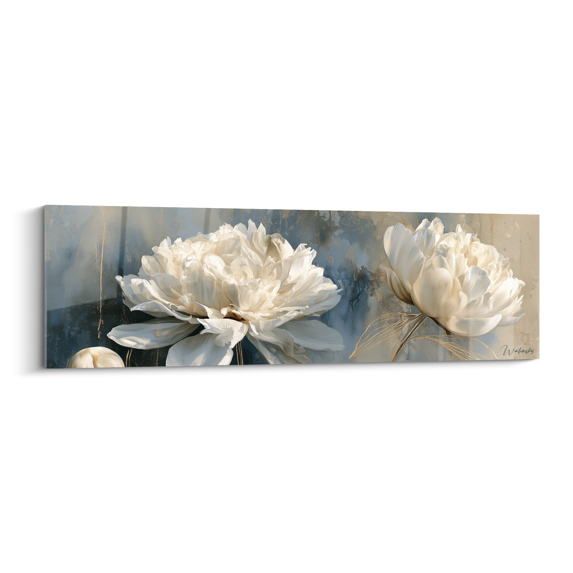 Pivoine blanche aux pétales froissés sur fond bleu ardoise et beige doré