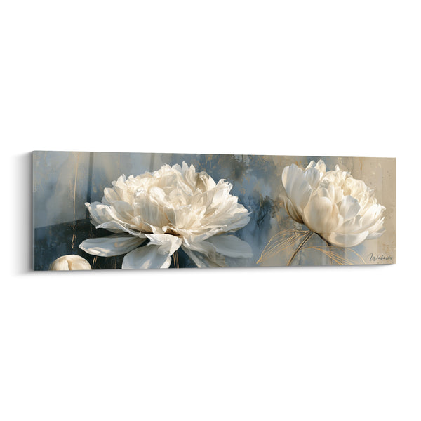 Tableau Pivoines blanches sur fond bleu ardoise - Douceur silencieuse - Edition Pivoine