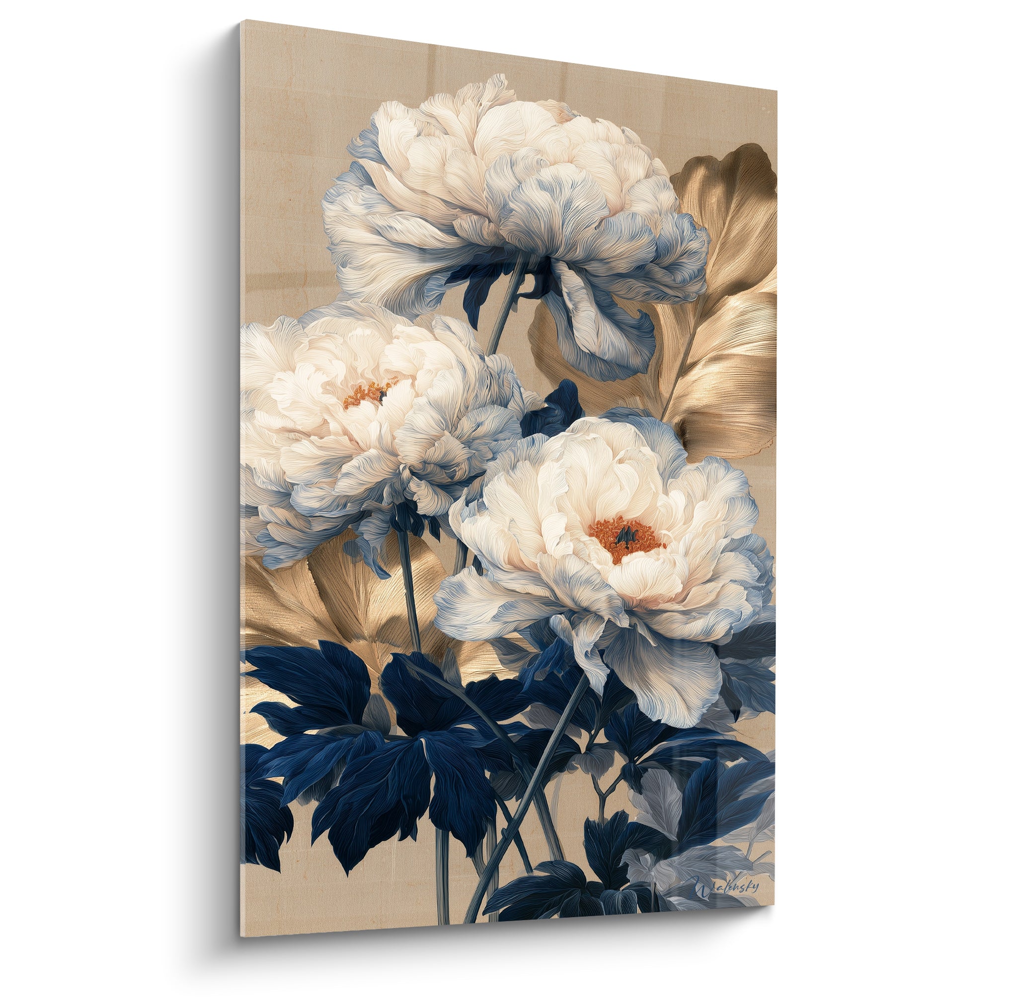Pivoines blanches et bleu marine aux cœurs orangés sur fond beige texturé