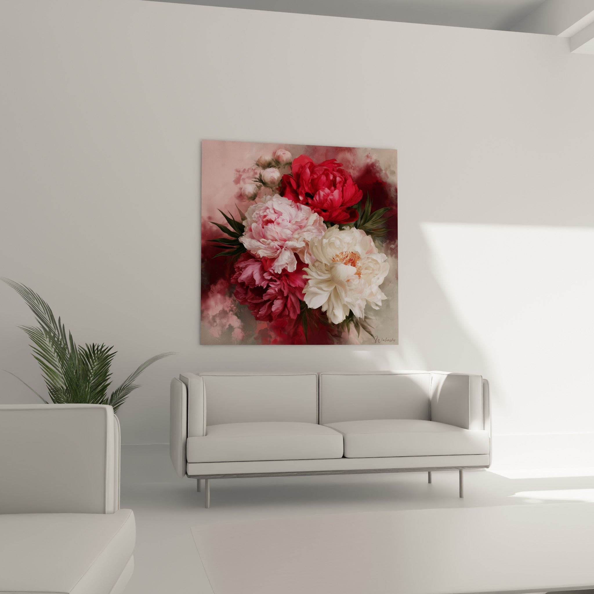 Pivoines blanches et rouges au cœur doré, suspendues au-dessus d'un canapé dans un salon lumineux