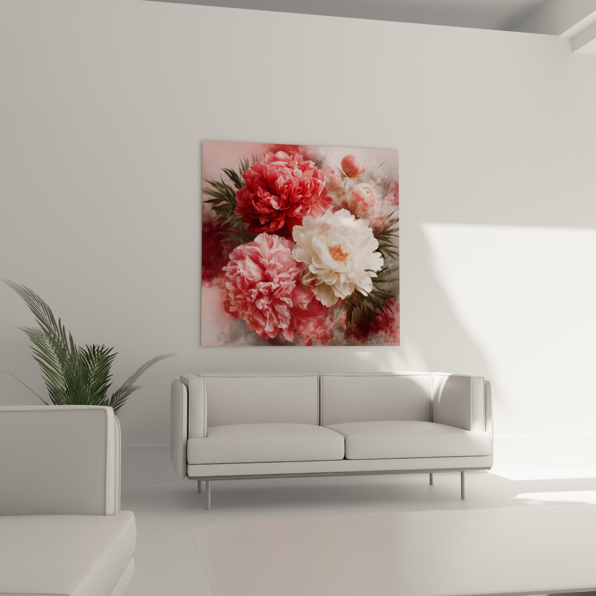 Pivoines roses et blanches suspendues au-dessus d'un canapé dans un salon lumineux