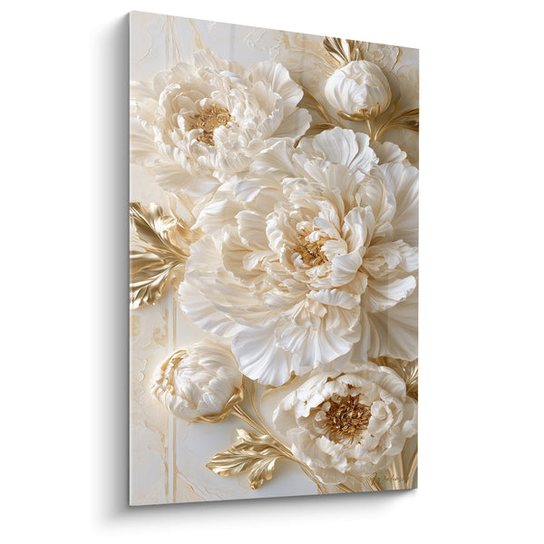 Tableau Pivoines ivoire et dorées aux feuilles sculptées - Reliefs en trompe l'œil - Edition Pivoine