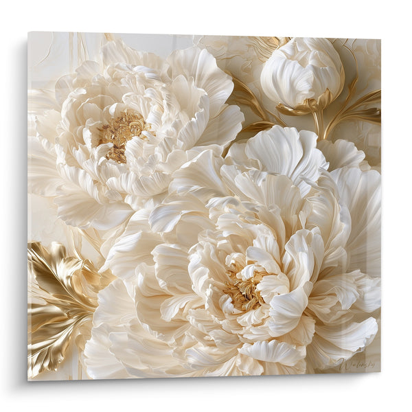 Tableau Pivoines ivoire et dorées aux pétales sculptés - Feuille métallique ciselée - Edition Pivoine