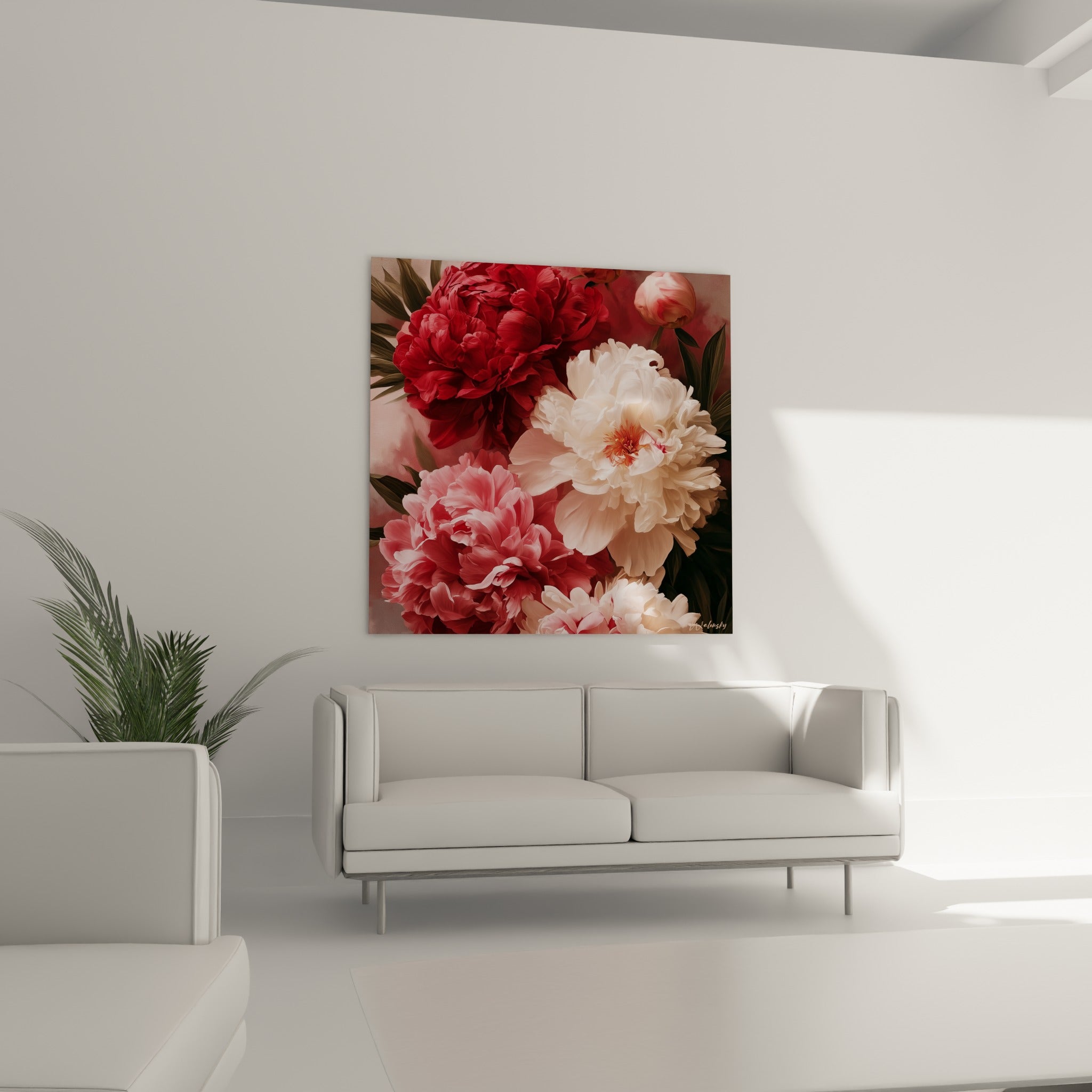 Fleurs de pivoines blanches et roses aux cœurs dorés, accrochées au-dessus d'un canapé dans un salon lumineux