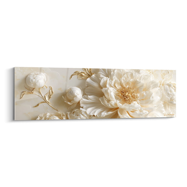 Tableau Pivoine ivoire et dorée aux boutons latéraux sculptés - Fond crème texturé - Edition Pivoine
