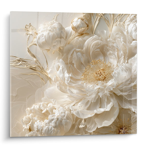 Tableau Pivoine ivoire et dorée aux longues tiges effilées - Relief sculptural texturé - Edition Pivoine