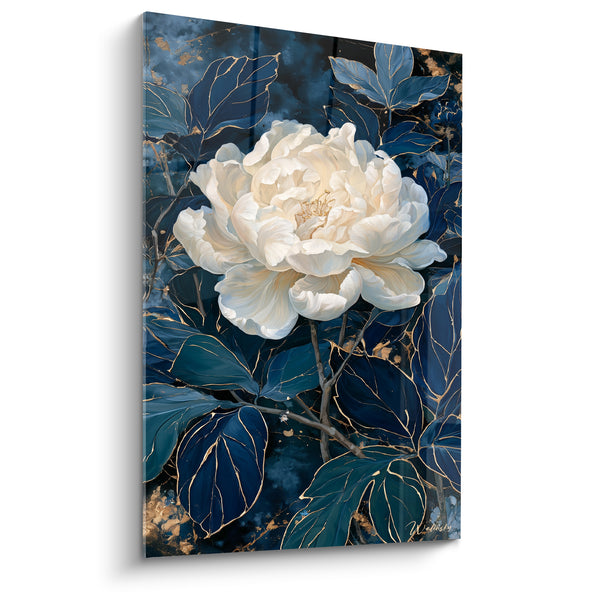 Tableau Pivoine ivoire et bleu nuit aux feuilles nervurées d'or - Branche noueuse discrète - Edition Pivoine