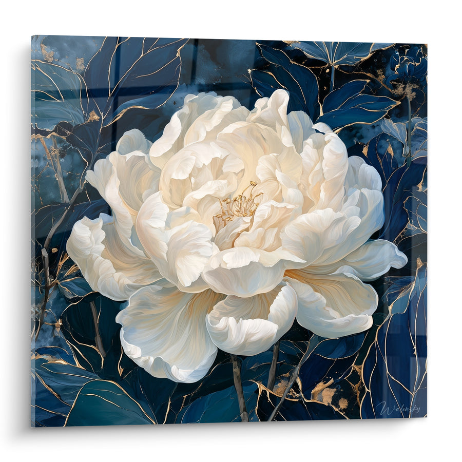 Tableau Pivoine ivoire et bleu marine aux feuilles filigranées - Cœur duveteux central - Edition Pivoine