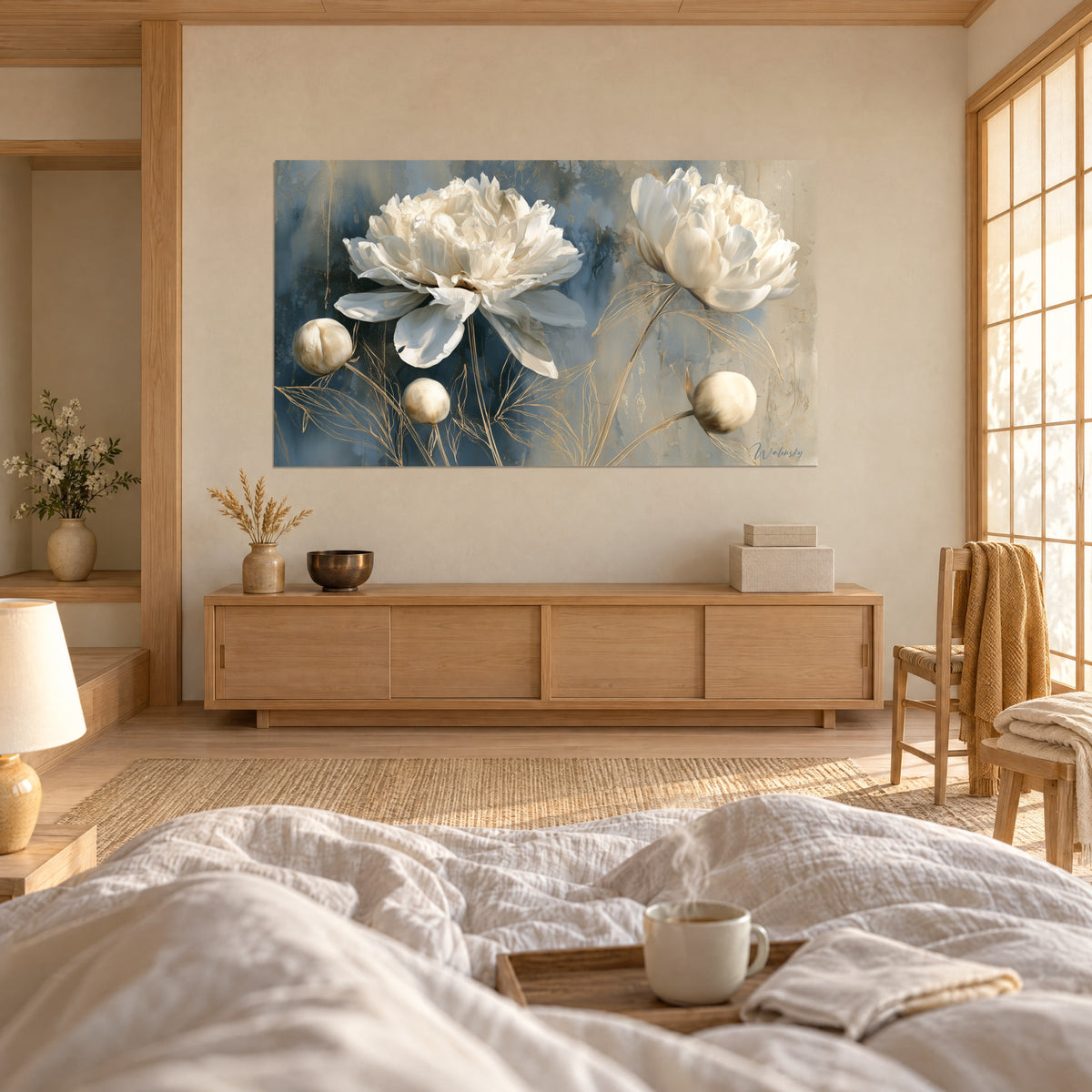 Gemälde mit großen elfenbeinweißen Blüten auf nachtblauem und blassgoldenem Grund, runde perlmuttfarbene Knospen, über einem Bett in einem hellen Schlafzimmer