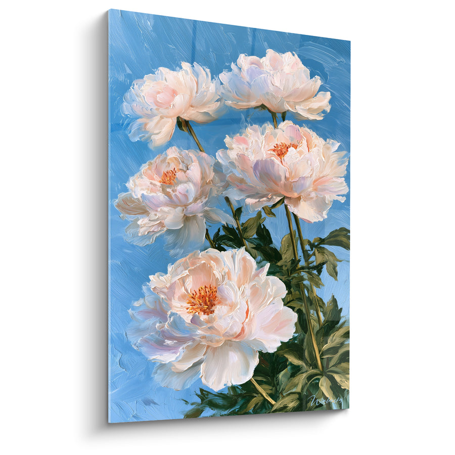 Tableau Pivoines blanches et bleu ciel aux tiges dressées - Cœurs orangés vaporeux - Edition Pivoine