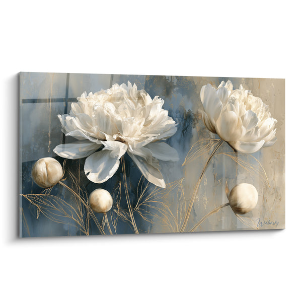 Tableau Pivoines blanches sur fond bleu doré - Éveil floral - Edition Pivoine
