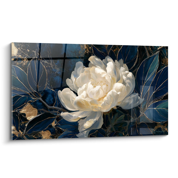 Tableau Pivoine ivoire et bleu marine aux feuilles filigranées d'or - Éclats de feuille dorée - Edition Pivoine