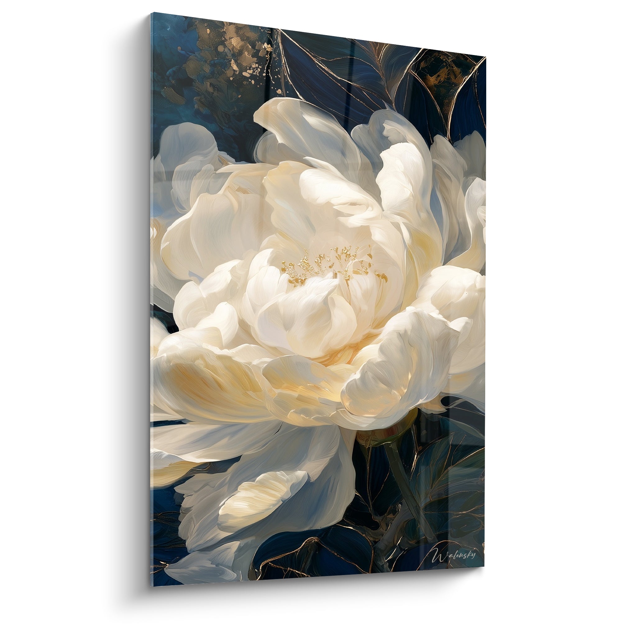 Pivoine blanche aux pétales nacrés et fond bleu marine strié d'or, floraison en pleine lumière