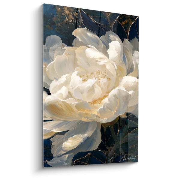 Tableau Pivoine ivoire et bleu nuit aux nervures dorées - Pétales largement déployés - Edition Pivoine