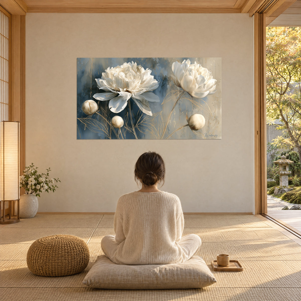 Gemälde mit leuchtenden Pfingstrosen in Elfenbein, aschblau und goldenen Fäden, Frau von hinten im Sitz auf einem Kissen in Meditation, große Fensterfront