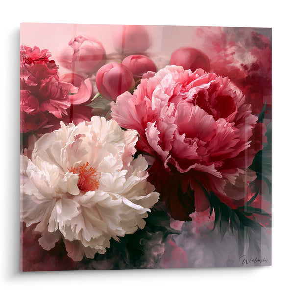 Tableau Pivoine rose et blanche aux boutons serrés - Étamines orangées vaporeuses - Edition Pivoine