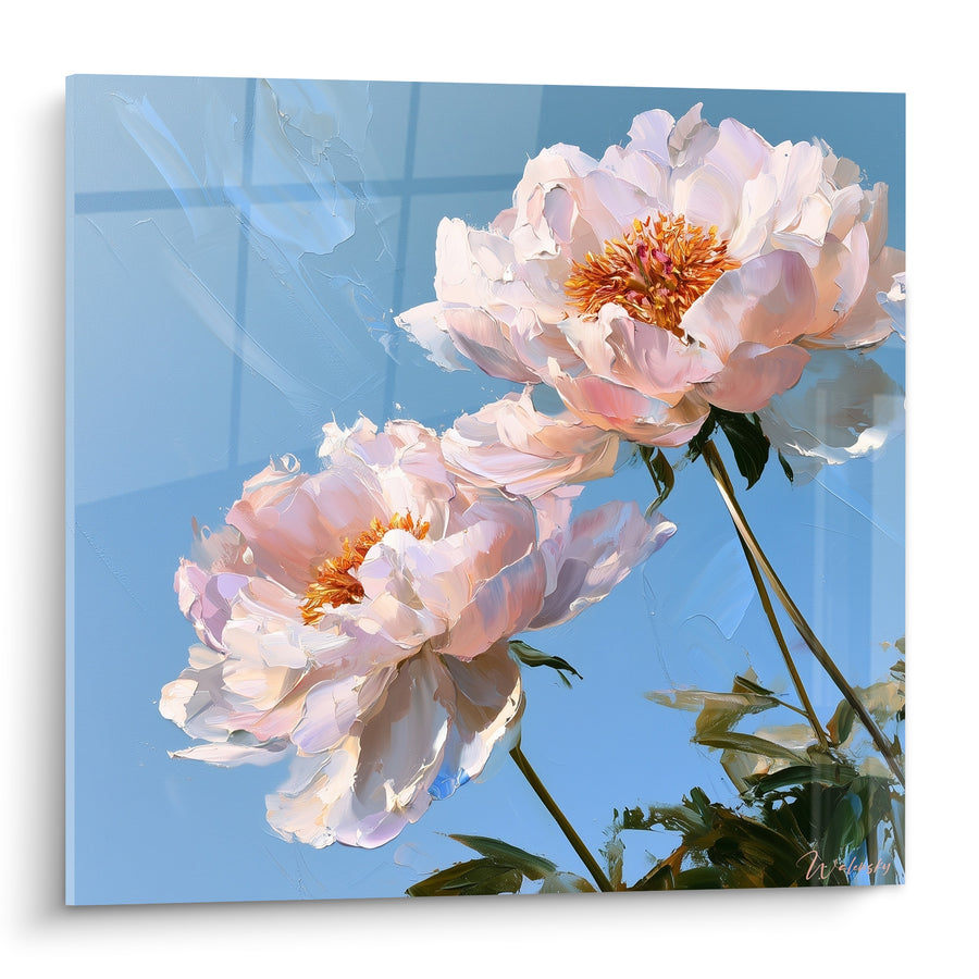 Tableau Pivoines rose pâle et bleu ciel penchées - Tiges fines inclinées - Edition Pivoine