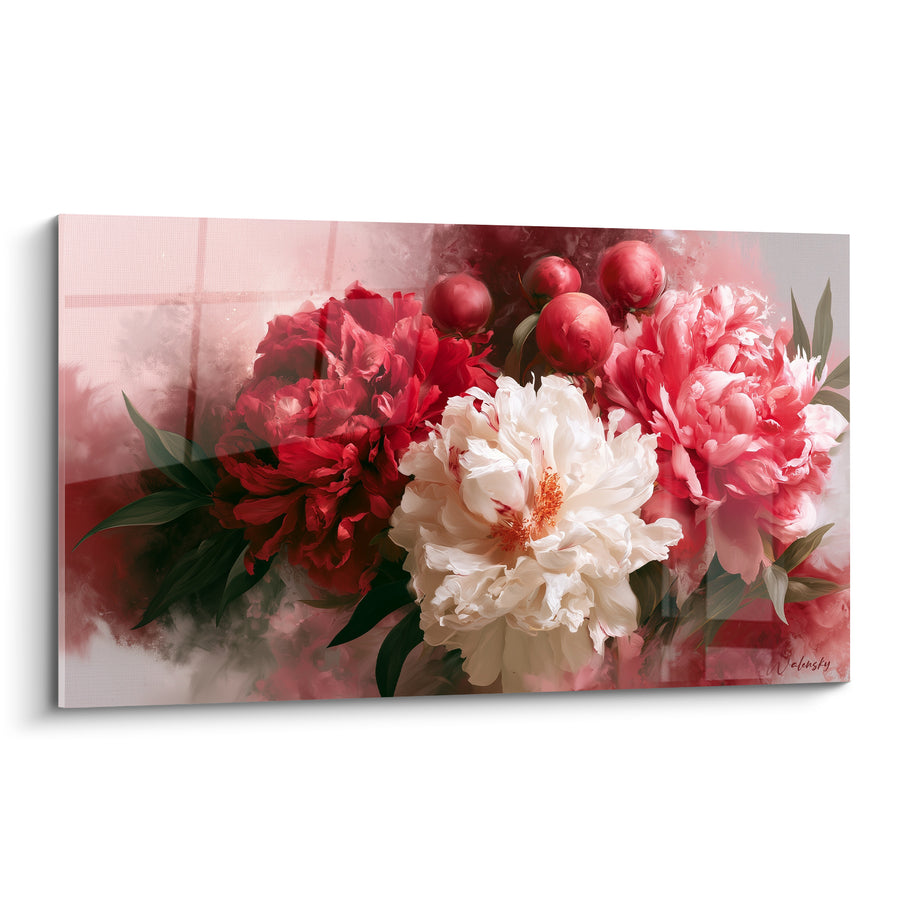 Tableau Pivoines rouges et blanches aux boutons ronds - Fond brumeux rosé - Edition Pivoine